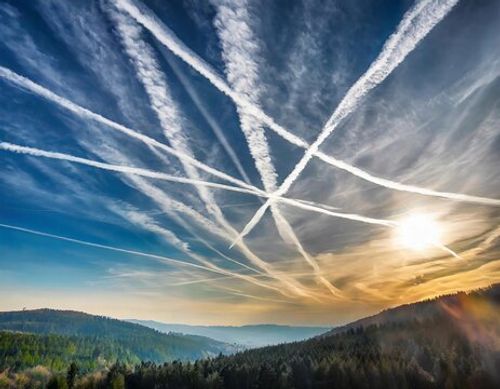 chemtrails, contrails from airplanes in the sky, landscape, clouds, water, nature, air pollution, danger, chemicals, environmental protection