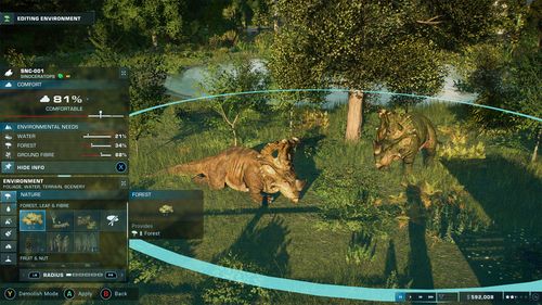 Two dinosaurs next to a tree during one of the best dinosaur games, Jurassic World Evolution 2