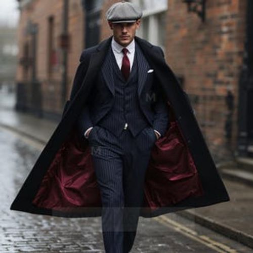 Gentleman Vintage Peaky Blinders Suit - Retro Style Thomas Shelby Inspired Outfit - 1920s Gangster Theme Formal Blue 3 Piece Pinstripe Suit