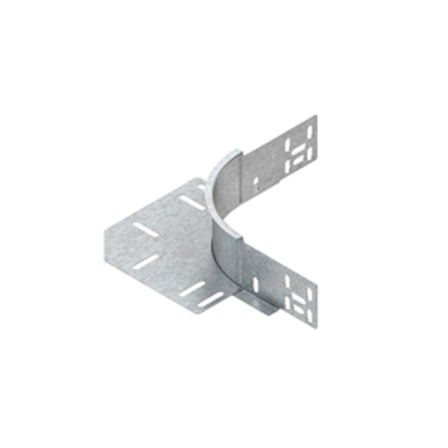 Extension Elbow with unperforated side profile, but with connector perforations, with integrated splice plates, with continuous cable support through overlapping base plate
