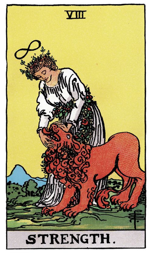 Strength tarot card, depicting a woman crowned by an infinity symbol, holding shut a lion's mouth
