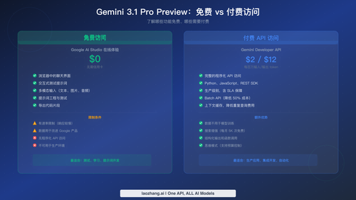Gemini 3.1 Pro Preview 免费与付费访问对比，展示功能和限制