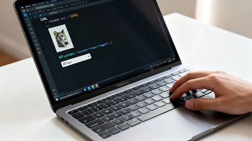 Developer coding API integration for random image generation on laptop with autocomplete suggestion
