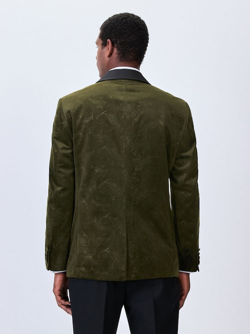 Olive Green Paisley Regular Fit Patterned Velvet Blazer - Image 2 of 10