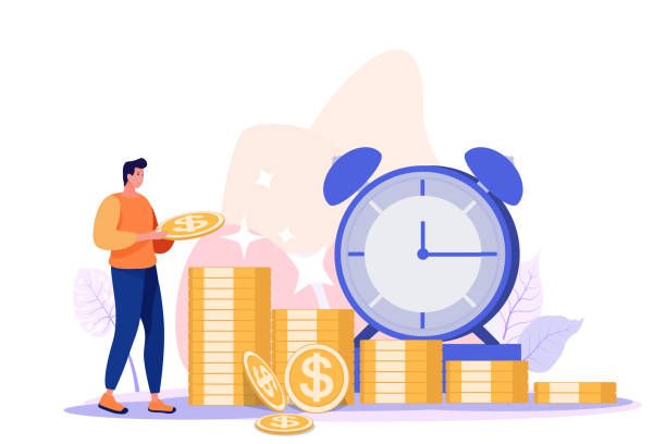 long term investing or savings for retirement fund, compound interest or investment growth, tax time reminder concept, businessman on alarm clock put more dollar coin money to increase his savings. - long-term-investing stock illustrations