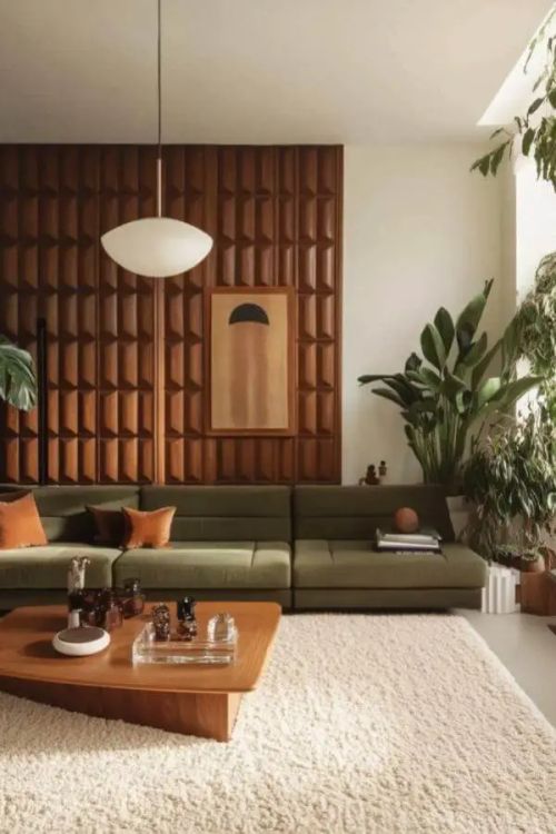 Alt text 1: Groovy Vibes: modern 70s living room with vibrant retro flair.