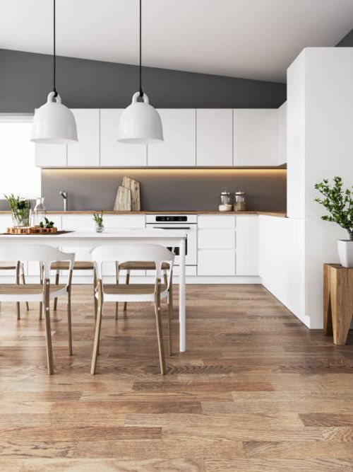 modern dining room and kitchen - modern kitchen stock pictures, royalty-free photos & images