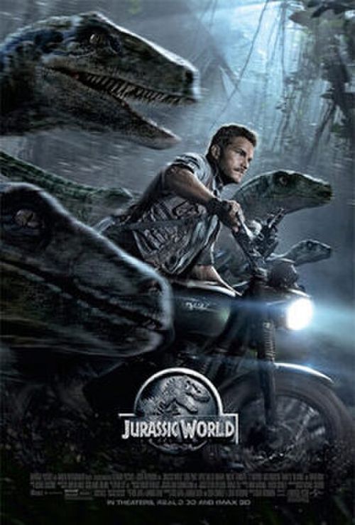 A man in a motorcycle rides through a forest, accompanied by raptors running beside him.