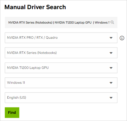NVIDIA 手动驱动程序搜索字段