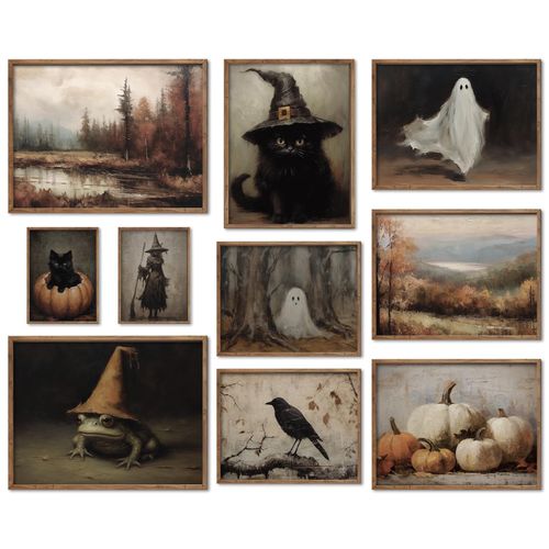 JarThenaAMCS 10Pcs Halloween Wall Art Prints Vintage Gothic Witchy Wall Decor Dark Academia Ghost Black Cat Art Poster for...