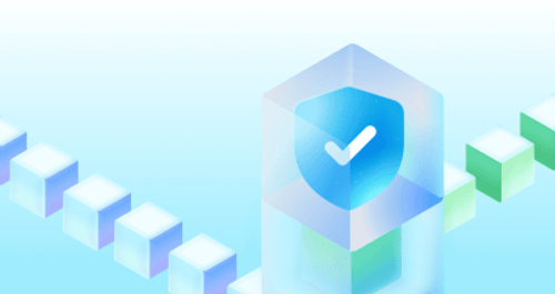 An abstract illustration of connected blocks surrounding a central shield with a checkmark representing secure and verified systems.