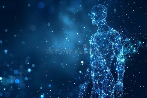 Glowing 3d human body hologram with dark background for futuristic technology and healthcare concept, Generated by AI. Human body stock images, royalty-free photos and pictures