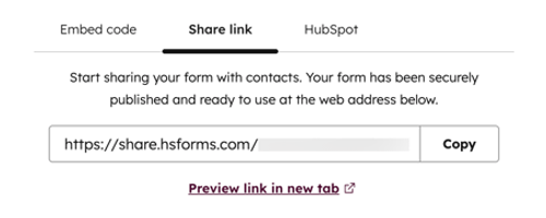 The form editor, showing the form's share link with the option to copy the link.