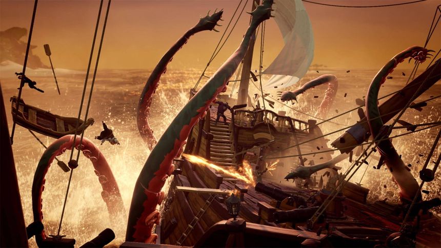 Ship under attack by giant sea monsters during a fiery sunset battle. — Sea Of Thieves Picture