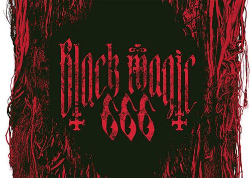 phrase Black magic 666, written in gothic font Vector banner on the theme of occultism with the phrase Black magic 666, written in gothic font with inverted crossesin frame with realistic trees, roots and branches. Can be used for for t-shirt, poster, banner, record cover number 666 stock illustrations