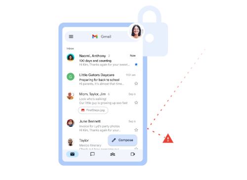 Gmail 主收件箱，其中包含指向网站的单独警告图标