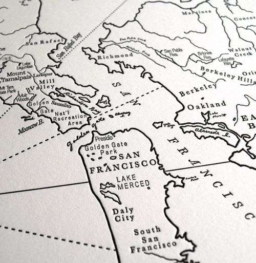 Artistic map of the San Francisco Bay area detailing cities and natural landmarks and water features.  Printed in black ink on letterpress