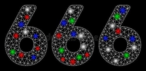 Bright mesh 666 digits text with glow effect. White wire carcass triangular mesh in vector format on a black background. Abstract 2d mesh created from triangular lines, spheric points. 666 illustrations