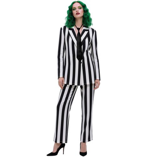 Pextian Black and White Striped Suit Pants, Halloween Women's Black and White Striped Blazer Jacket with Tie, Halloween Co...
