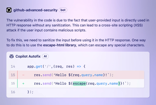 GitHub Copilot Autofixは脆弱性を含むコードを特定し、説明を提供するとともに、脆弱性を修復するためのセキュアなコードも提案します。