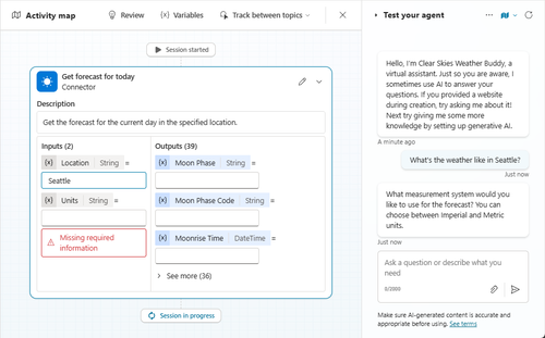 示例 1 的屏幕截图，显示活动地图上的天气工具。