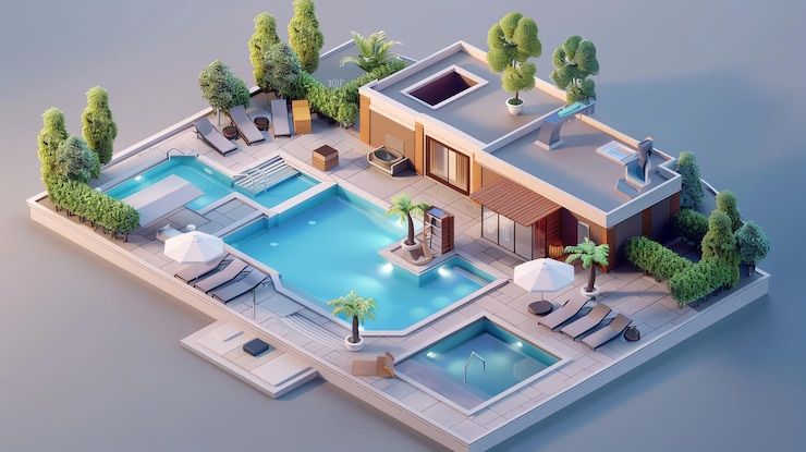 Photo rendering 3d isométrique d'une maison de luxe avec une grande piscine