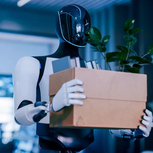 一个人形机器人抱着一个打开的纸箱，里面装有书籍和植物