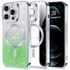 Hython for iPhone 12 Pro Max Case Glitter, Compatible with MagSafe Love Heart Magnetic Clear Phone Cases for Women Girls, Full Camera Protection Sparkle Plating Shockproof Protective Cover, Silver