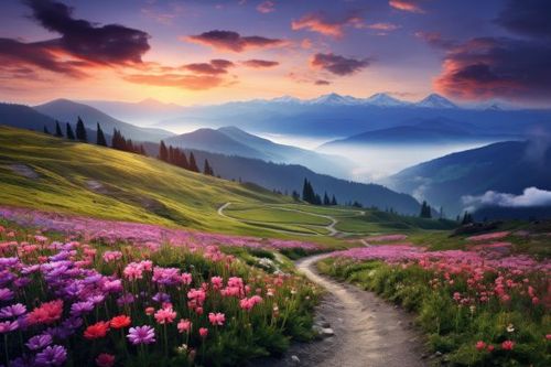 Beautiful Nature Mountain Scenery with Flowers Free Image