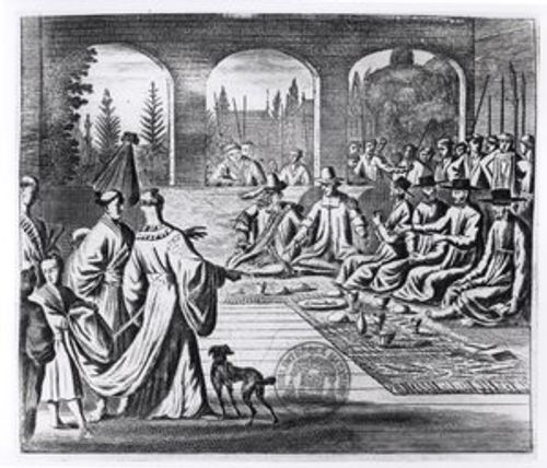 Jesuits with Dutch and Portuguese merchants at the court of the Japanese Emperor, illustration from A Memorable Embassy to the Emperor of Japan by Arnold Montanus, published in London 1670