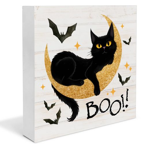 Halloween Decorations Indoor Decor Sign Vintage Halloween Wood Sign Moon Black Cat Decorations Farmhouse Home Table Desk D...
