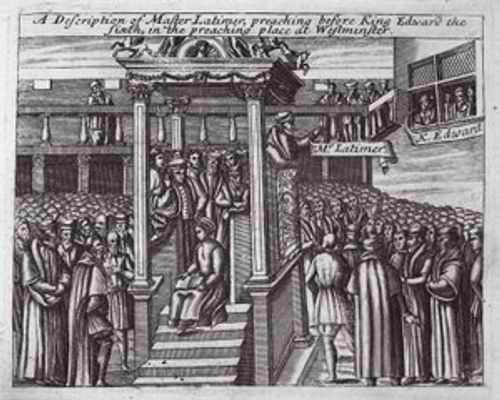 A description of Master Latimer, preaching before King Edward the Sixth in the preaching place at Westminster, illustration from Acts and Monuments by John Foxe, ninth edition, published 1684
