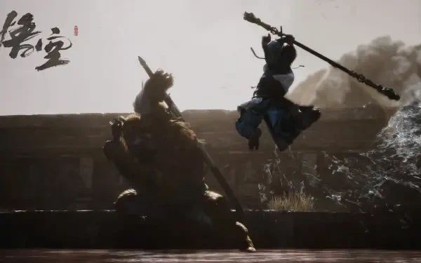 HD PC desktop wallpaper featuring a dynamic battle scene from Black Myth: Wukong, showcasing the protagonist mid-air wielding a staff against a large armored foe.