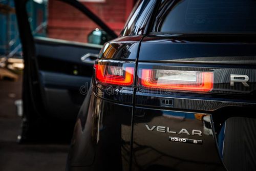 Moscow. Autumn 2018. The Land Rover Range Rover Velar in Black color compact luxury crossover SUV produced by automotive company Jaguar Land Rover under their Land Rover marque. Land picture stock images, royalty-free photos and pictures