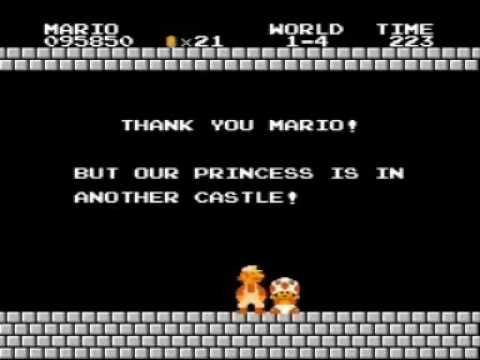 A screenshot from a Mario game, labeled 'Thank you, Mario!  But our princess is in another castle!'