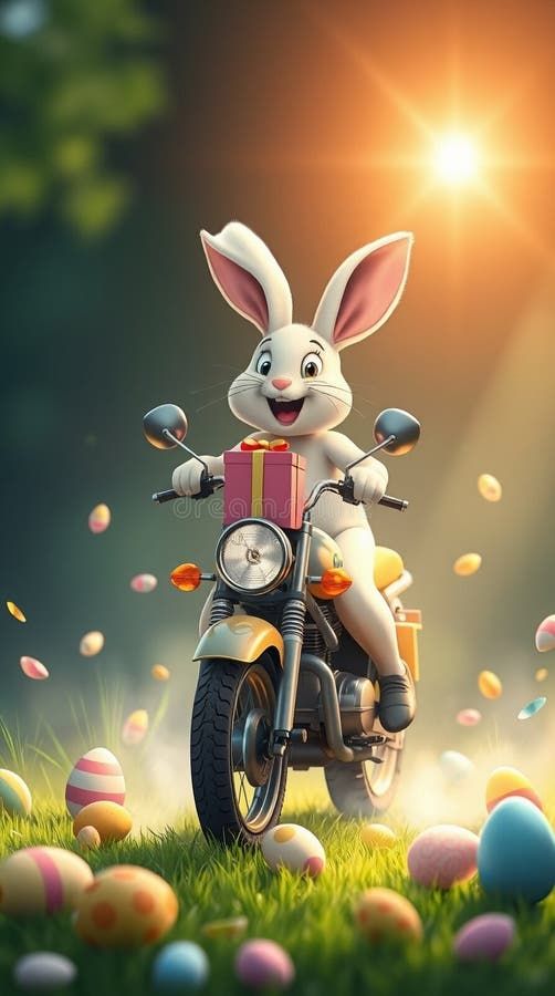 Easter bunny on a motorcycle delivering gifts! A cheerful springtime scene with colorful eggs royalty free illustration