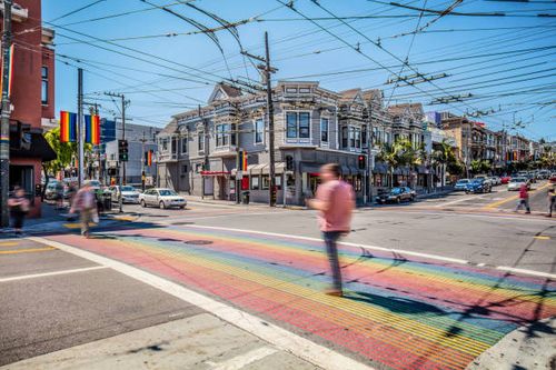 castro district rainbow crosswalk intersection - san francisco, california, usa - san francisco streets stock pictures, royalty-free photos & images