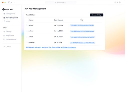 API key management page Image