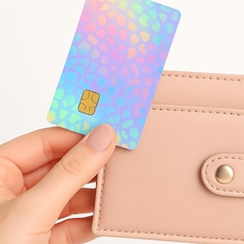 May include: A pink leather wallet with a gold button closure. A holographic credit card with a rainbow pattern is being inserted into the wallet.
