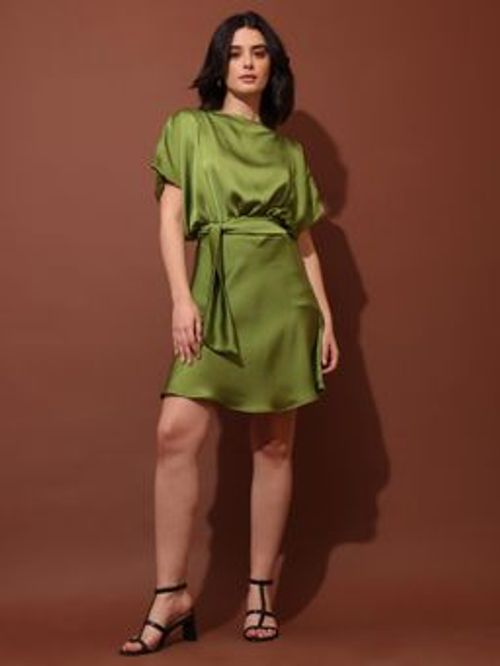 PURVAJA - Women Solid Olive Flared Mini Dress with Belt (Set of 2)