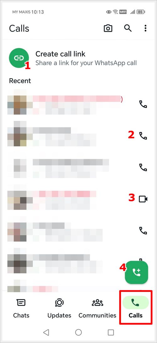 WhatsApp Calls page (Represented by a Phone Icon) Symbols & Icons Meaning.