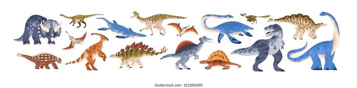 Dinosaurs set. Ancient reptile animals of prehistory Jurassic period. Different species of prehistoric extinct reptilian raptors. Realistic flat vector illustration isolated on white background Stock Vector