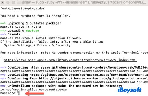 Enter password to install macFUSE