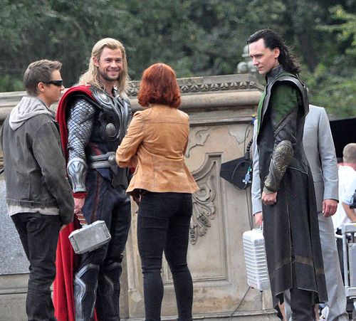Tom Hiddleston, Chris Hemsworth, Jeremy Renner and Scarlett Johansson filming on location for "Avengers" on September 2, 2011 on the Streets of...