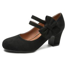 Enelauge Women's Mary Jane Heels Bow Retro Closed Round Toe Pumps Sweet Ankle Strap Block Heels Bowtie Vintage Dress Wedding Shoes Black Suede 45-11.5US