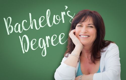 Bachelor`s Degree Written On Green Chalkboard Behind Smiling Middle Aged Woman. Bachelor s degree stock images, royalty-free photos and pictures