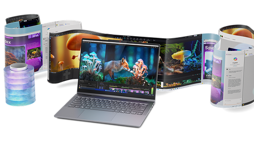 The IdeaPad 5i 2-in-1 laptop with nature scenes on the display and backed by a long scroll of screencaps.