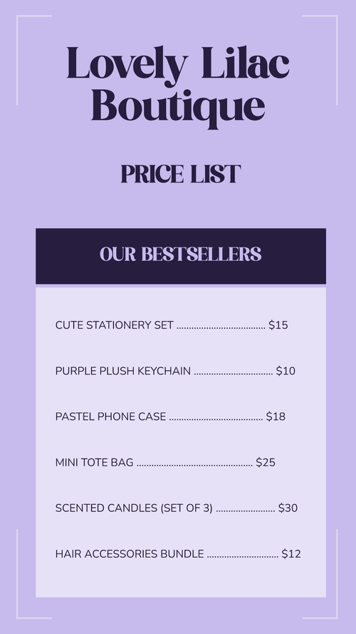 Free Purple Cute Price List Template to Edit Online