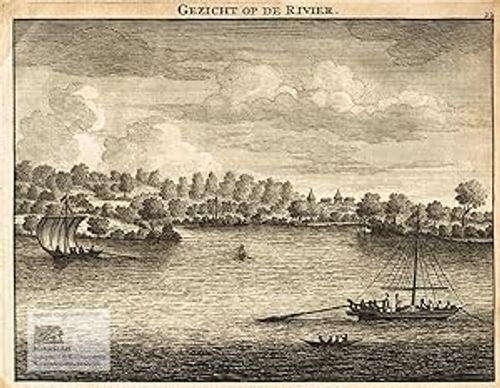 Seller image for Gezicht op de River. Blick über einen Fluss mit Booten auf Ceylon. Original copper engraving published by van Waasberge and van Someren 1672 for sale by historicArt Antiquariat & Kunsthandlung