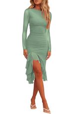 Hocuos Womens 2025 Round Neck Long Sleeve Ruffle Hem Midi Dress Mesh Ruched Bodycon Formal Cocktail Wedding Guest Dresses-Sage Small